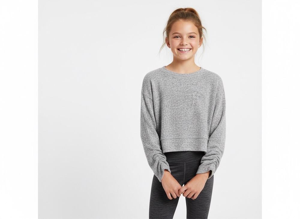 Z by Zella Girls 7/8 Gray Ruched Long Sleeve Crop Top NWT Athleisure